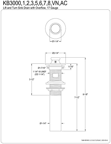 Kingston Brass KB3003 Fauceture Lift and Turn Sink Drain with Overflow