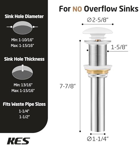 PremiumFINAL KES Bathroom Sink Drain No Overflow Ergonomic Design Rust-Free Durable