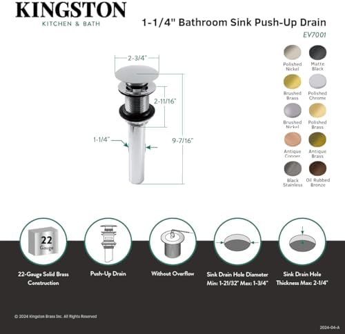 Kingston Brass Evolution Push Pop-Up Drain - No Overflow Antique Copper