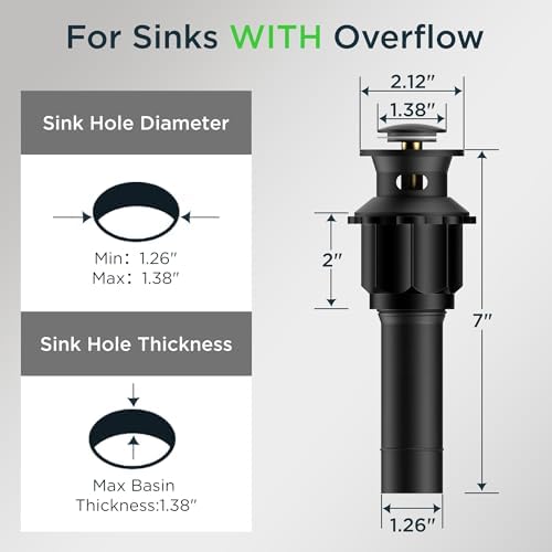 FORIOUS 304 Stainless Sink Drains with Overflow Matte Black for Bathroom Use
