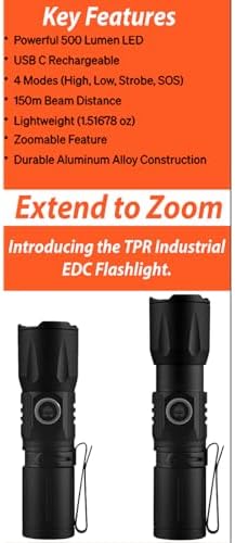 TPR Industrial EDC Flashlight - 500 Lumens Rechargeable Safety Compatible