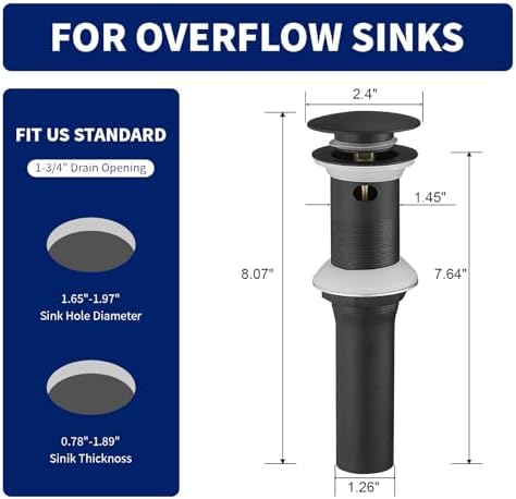 Homevacious Matte Black Sink Drain Pop Up with Overflow
