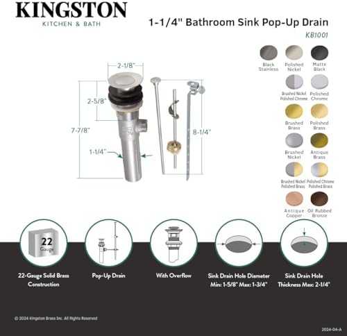 Durable Brass Pop-Up Drain Brushed Metal Sink Accessory with Overflow
