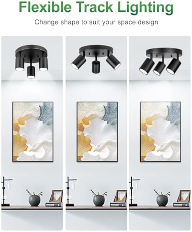 Fondiiz 3-Way Rotating Track Lighting Kit Black Ceiling Mount with GU10 Compatibility
