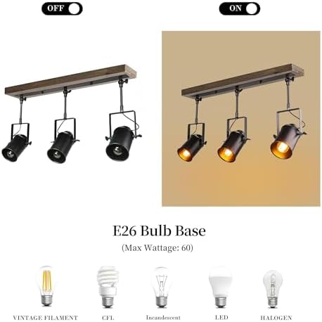 LOG BARN Track Lighting 3-Light Adjustable Black Rustic Wood CeilingFixture
