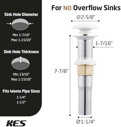 KES Bath Sink Drain Strainer with Anti-Clog Basket - Durable No Overflow White