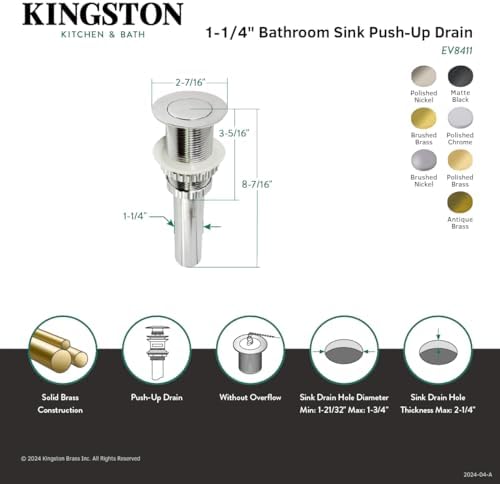 Kingston Brass EV8413 Coronet Push Pop-Up Drain No Overflow