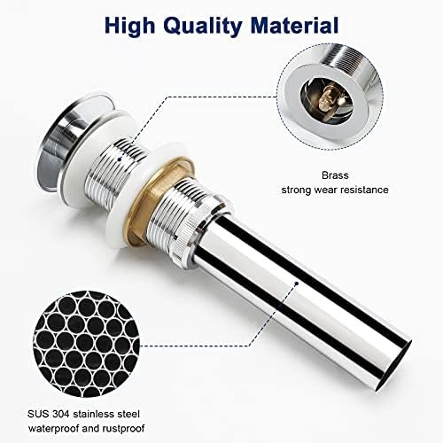 Premium Brass Sink Drain Stopper Chrome Finish No Overflow Easy to Install