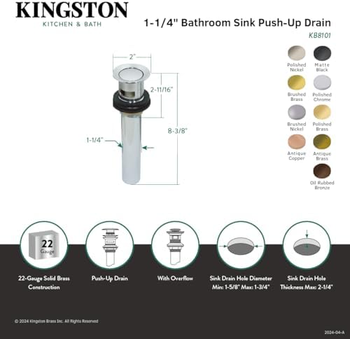 Kingston Brass KB8100MB Push Pop-Up Drain with Overflow Matte Black