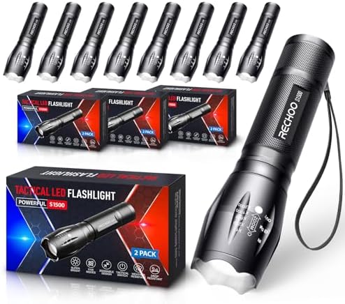 RECHOO 8 Pack LED Flashlight Bright 1500 Lumens 5 Modes Zoomable Waterproof